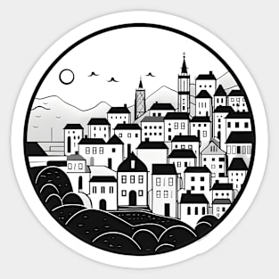 Monochrome Mediterranean Townscape Circle Art Sticker